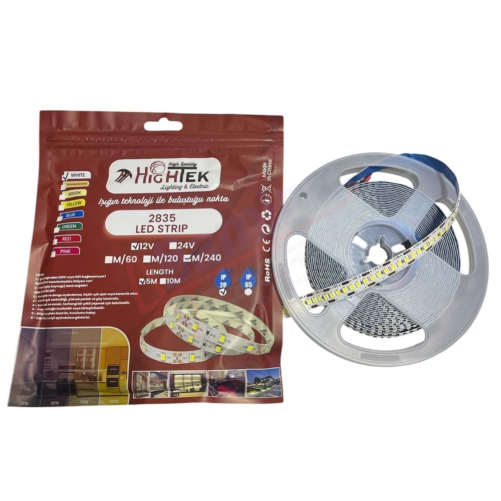 Hightek 2835 12V Metrede 240 Ledli 5mt Şerit Led Beyaz İçmekan