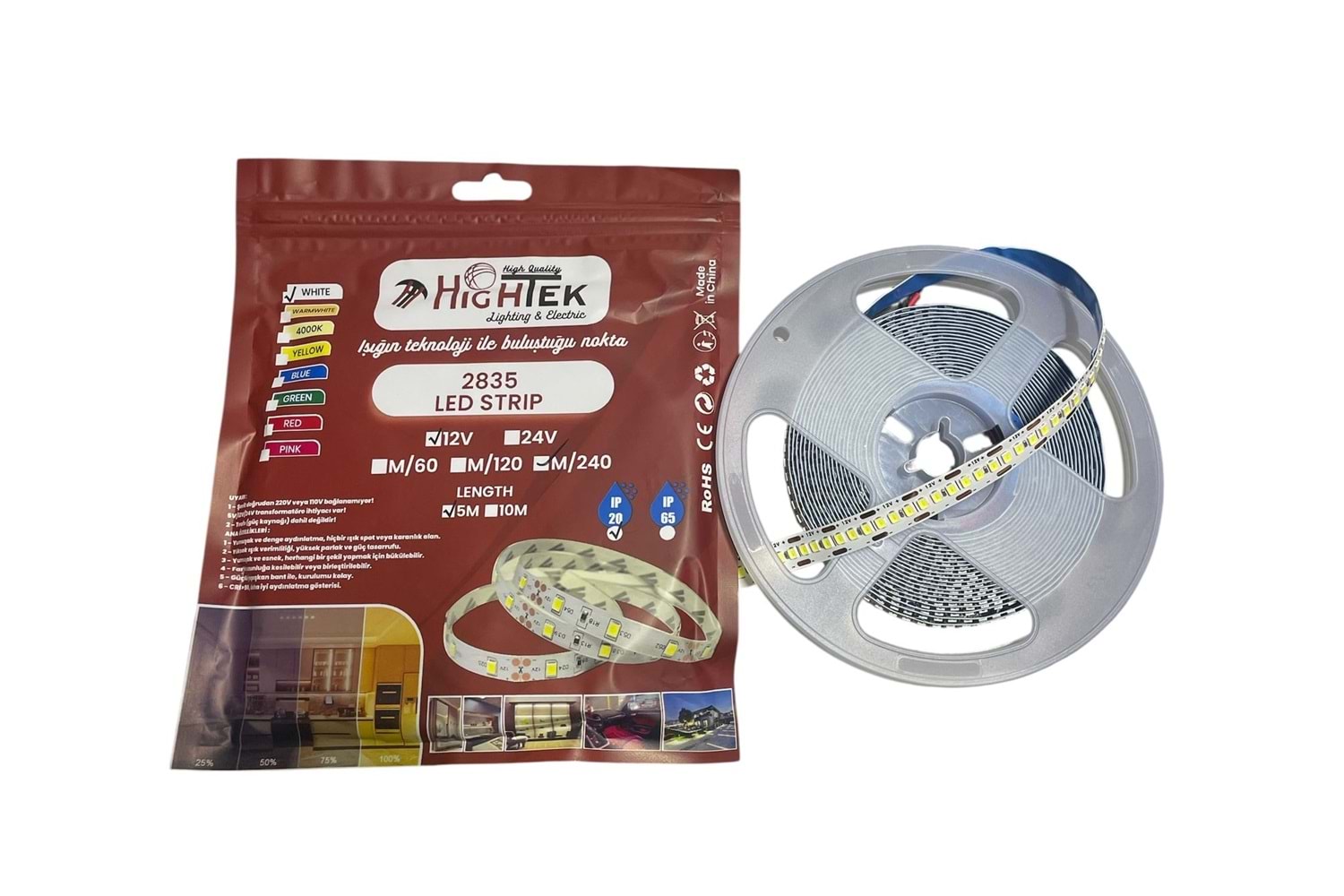 Hightek 2835 12V Metrede 240 Ledli 5mt Şerit Led Beyaz İçmekan