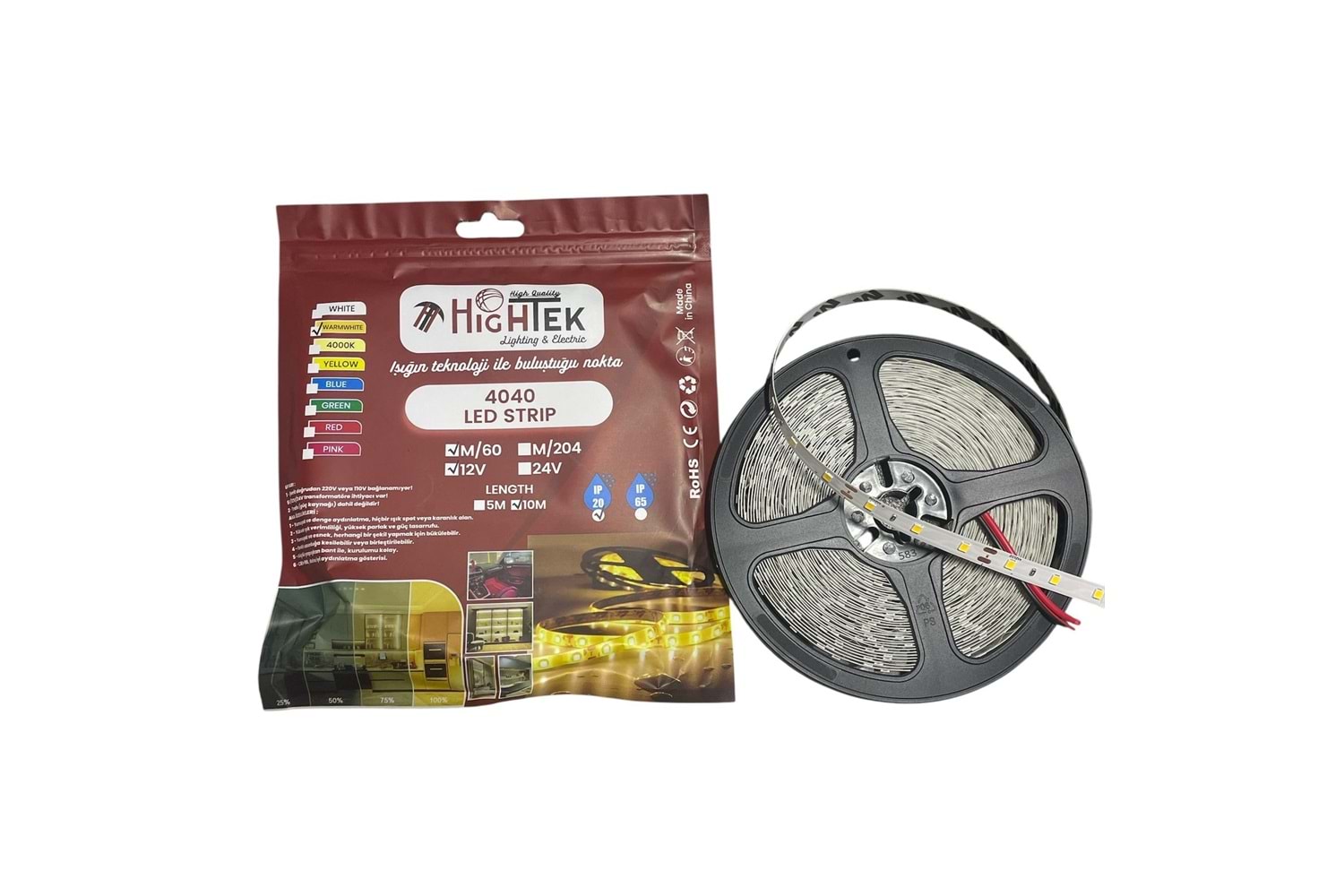 Hightek 4040 3 Çipli mt/60 Ledli 12V 10mt Şerit Led Günışığı İç Mekan