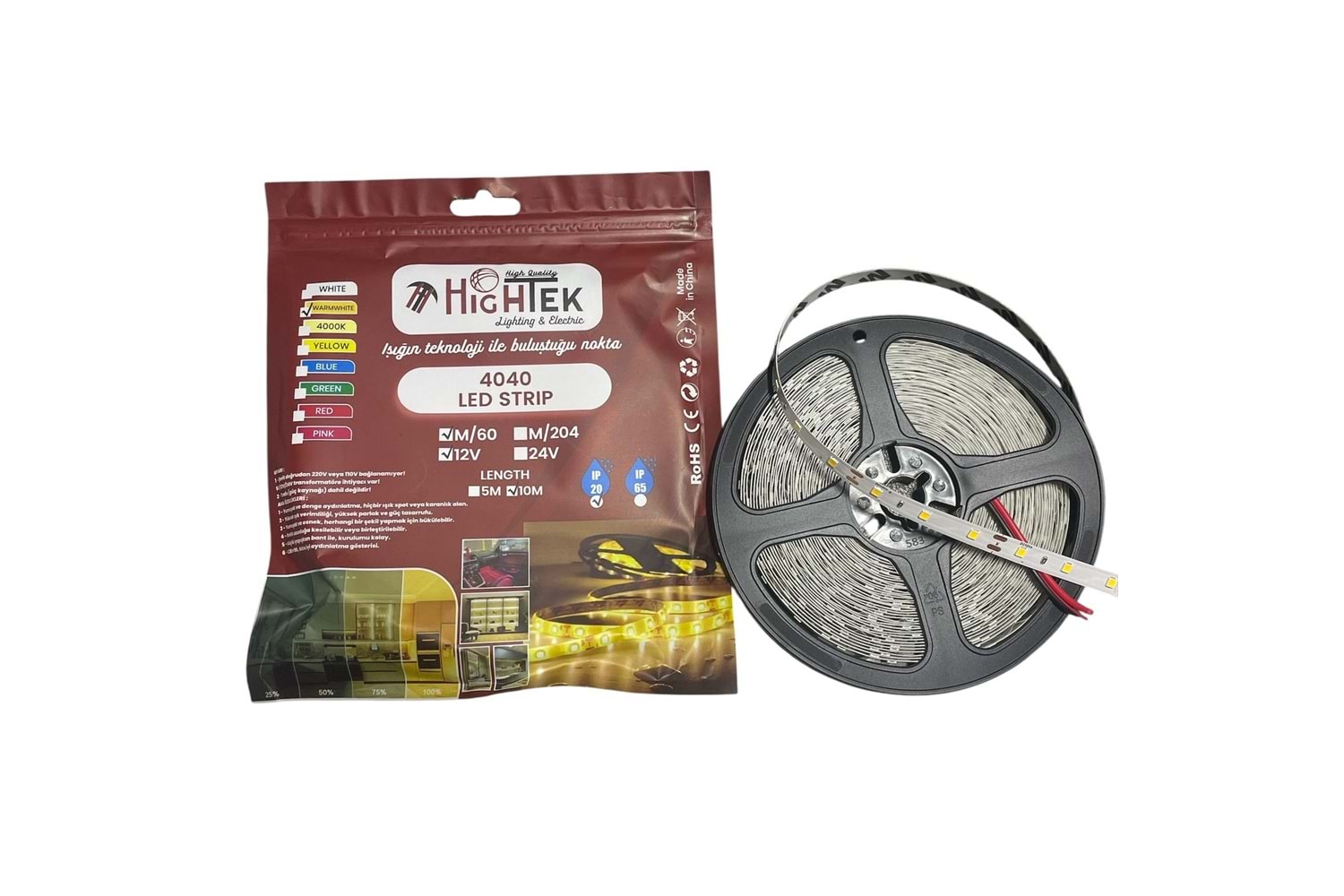 Hightek 4040 3 Çipli mt/60 Ledli 12V 10mt Şerit Led Beyaz İç Mekan